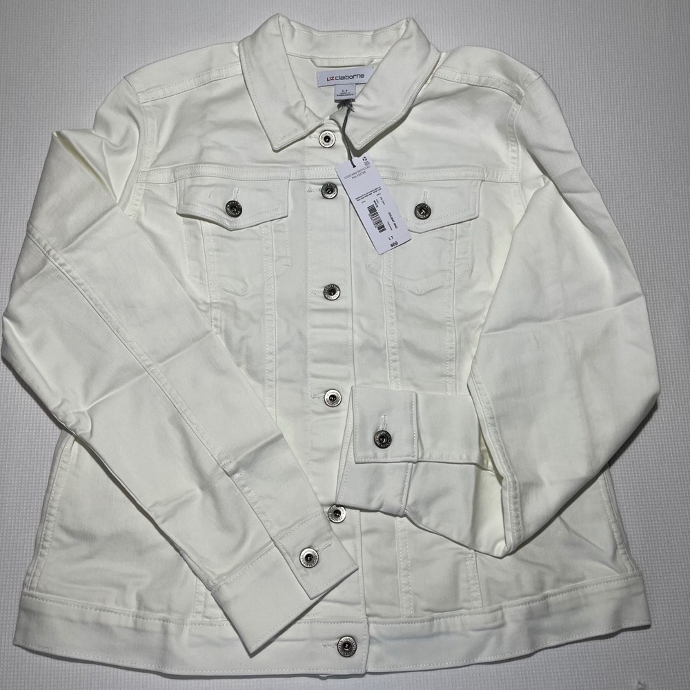 Liz Claiborne White Denim Jacket Womens Size LT Tall Stretch Cotton Blend NWT